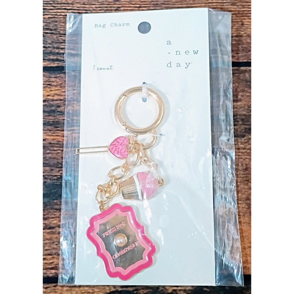 A New Day Bag Charm Press For Champagne Cupcake Heart Pink Gold Tone NWT